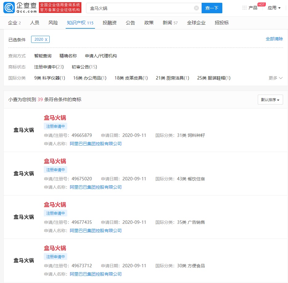 阿里巴巴注冊 “盒馬火鍋”商標