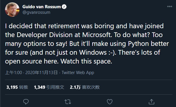 Python 之父 Guido van Rossum 退休失敗，正式加入微軟