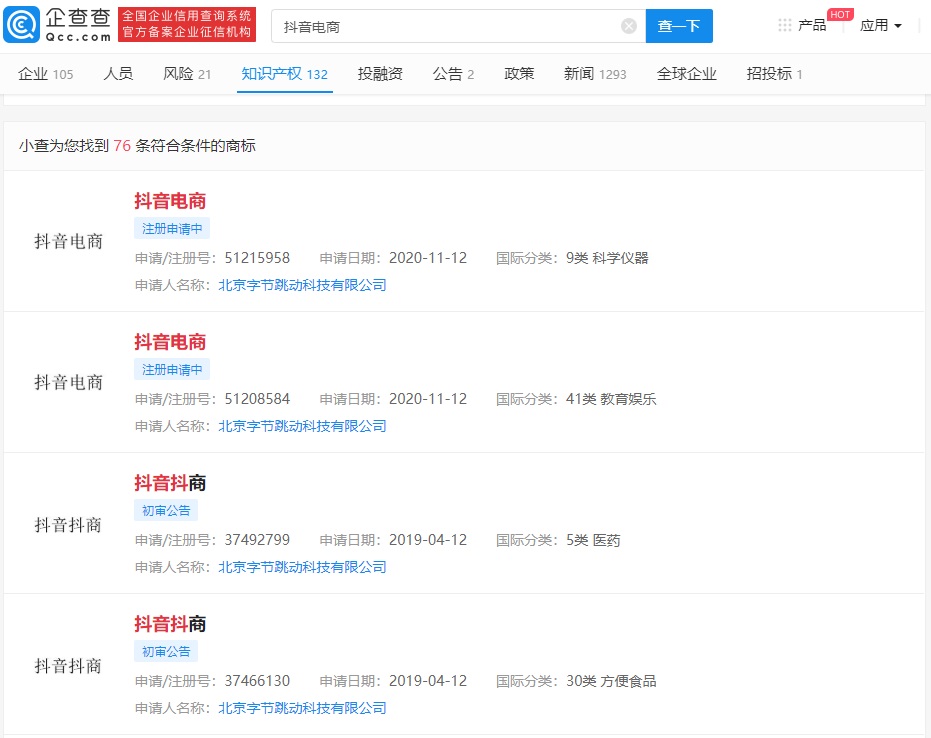 字節(jié)跳動(dòng)申請(qǐng)注冊(cè) “抖音電商”“抖音抖商”商標(biāo)