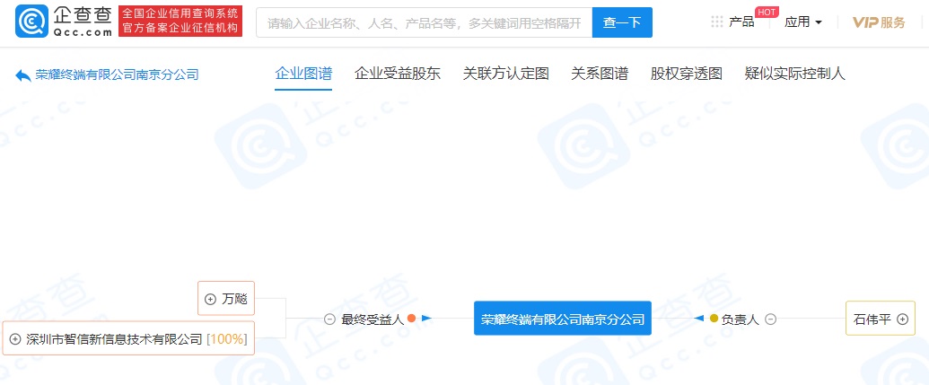 榮耀成立南京分公司，負責人為石偉平，從事零售業(yè)