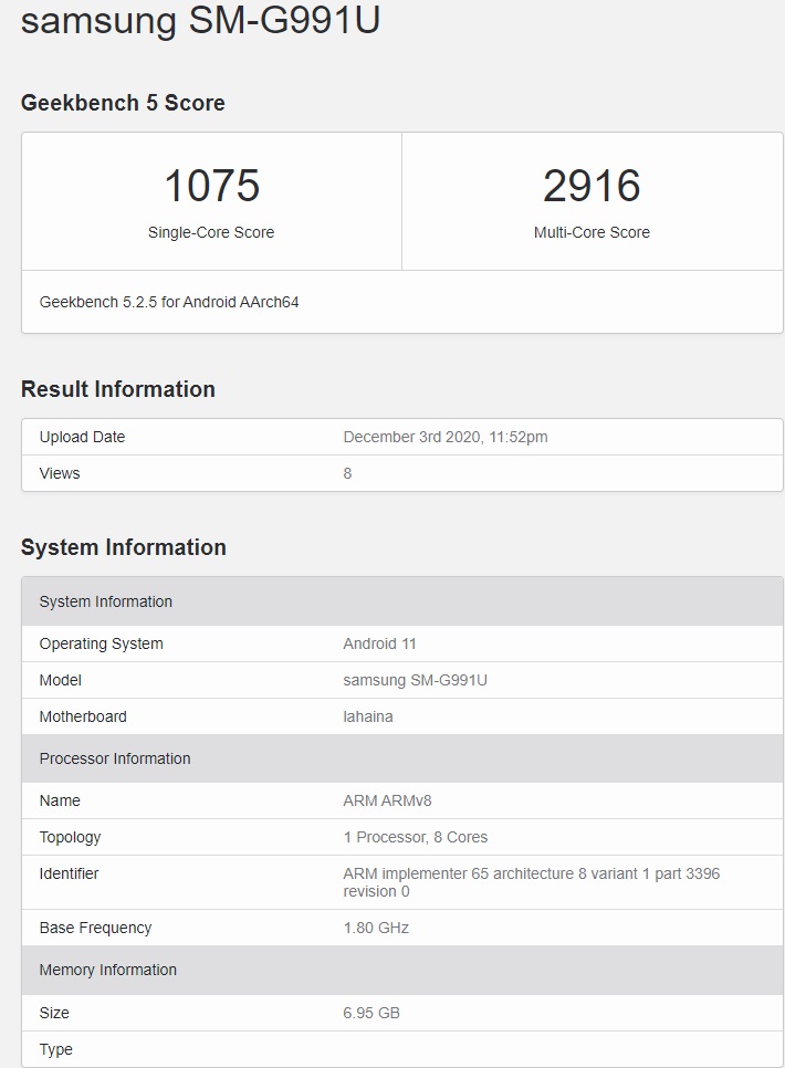 三星 Galaxy S21 現(xiàn)身 GeekBench：搭載驍龍 888 芯片，運行安卓 11