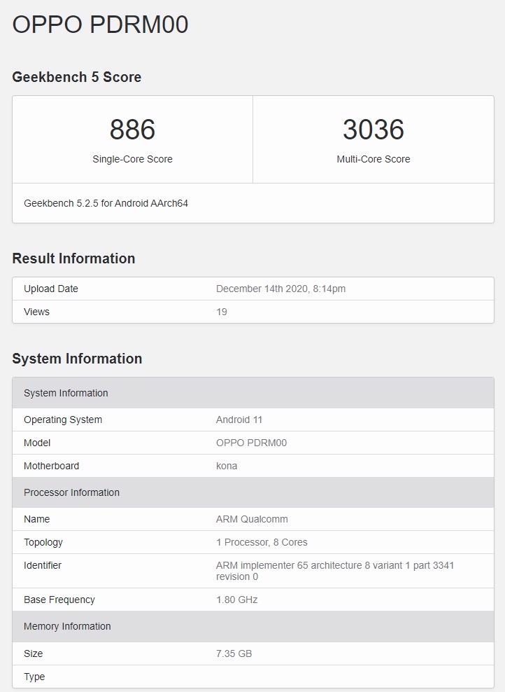 OPPO Reno5 Pro+ 現(xiàn)身 GeekBench，驍龍 865 加持