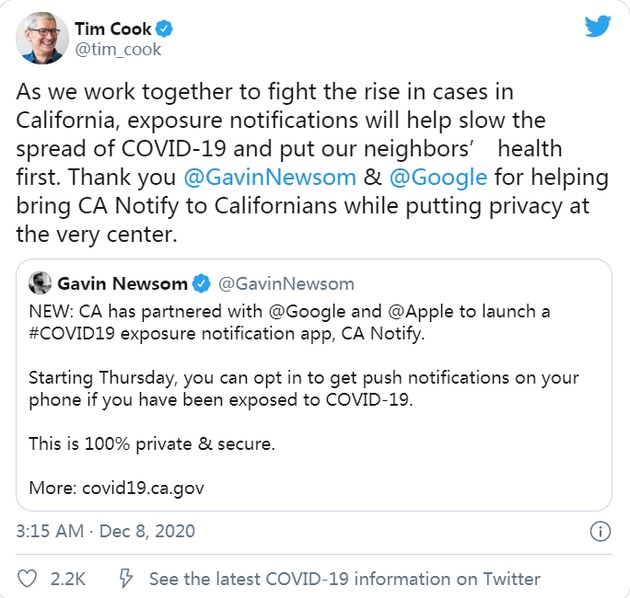 蘋果和谷歌研發(fā)的新冠聯(lián)系人追蹤程序「CA Notify」正式上線
