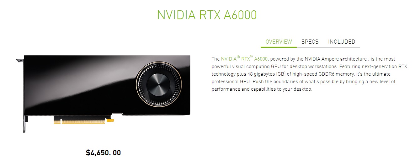 英偉達推出首款安培專業(yè)卡 RTX A6000，48GB 顯存，4650 美元
