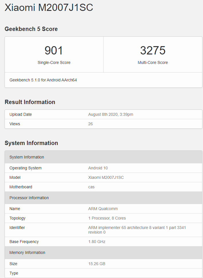 小米 Apollo 新旗艦現(xiàn)身 Geekbench:性能介于驍龍 865 和 865 Plus 之間