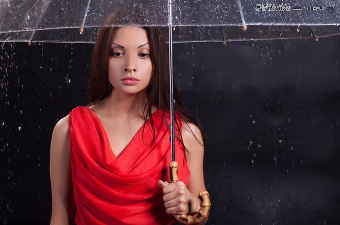 用ps給歐美打傘的人像照片添加夜景效果