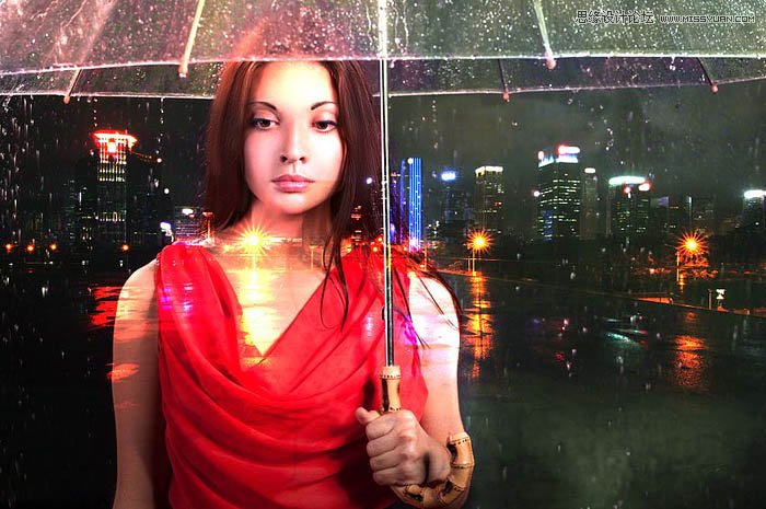 用ps給歐美打傘的人像照片添加夜景效果