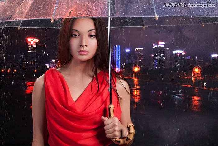 用ps給歐美打傘的人像照片添加夜景效果