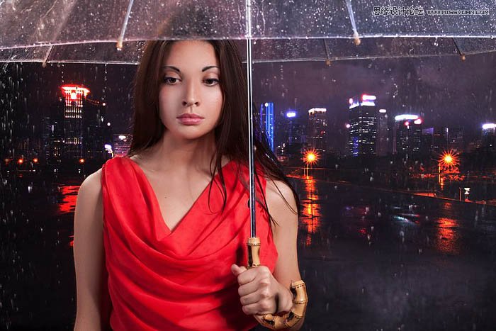 用ps給歐美打傘的人像照片添加夜景效果