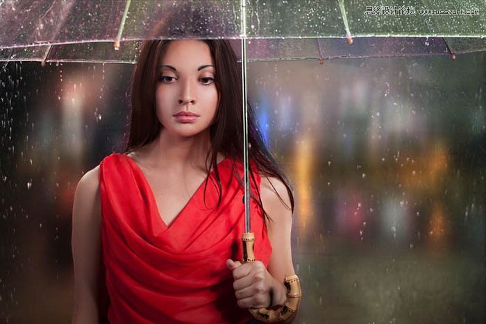 用ps給歐美打傘的人像照片添加夜景效果