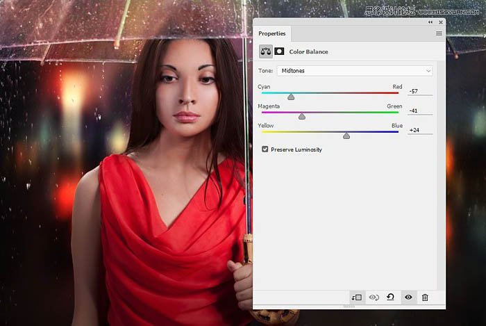 用ps給歐美打傘的人像照片添加夜景效果