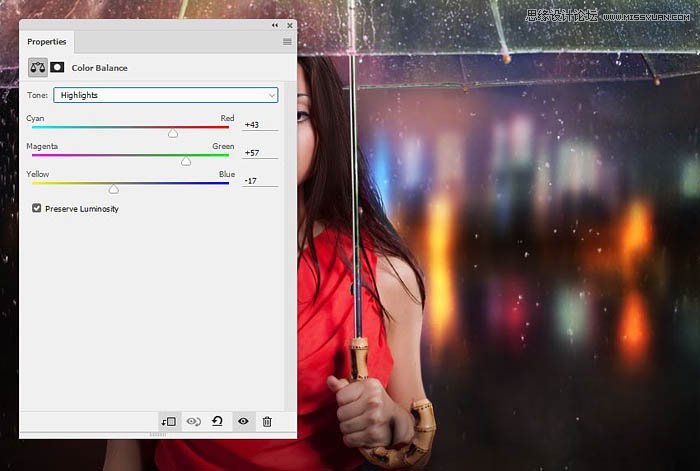 用ps給歐美打傘的人像照片添加夜景效果