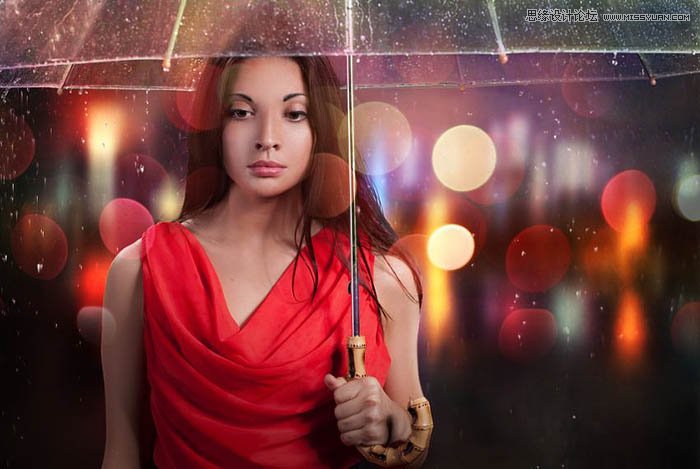用ps給歐美打傘的人像照片添加夜景效果