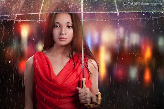 用ps給歐美打傘的人像照片添加夜景效果