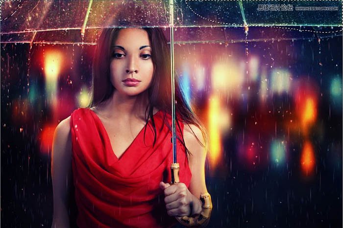 用ps給歐美打傘的人像照片添加夜景效果