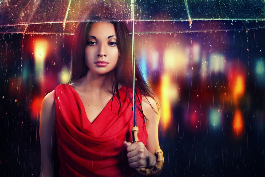 用ps給歐美打傘的人像照片添加夜景效果