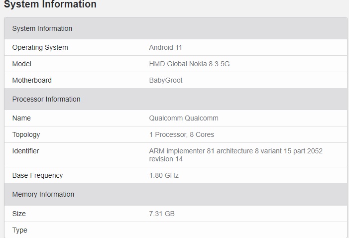 運(yùn)行安卓 11 的諾基亞 8.3 5G 現(xiàn)身 Geekbench