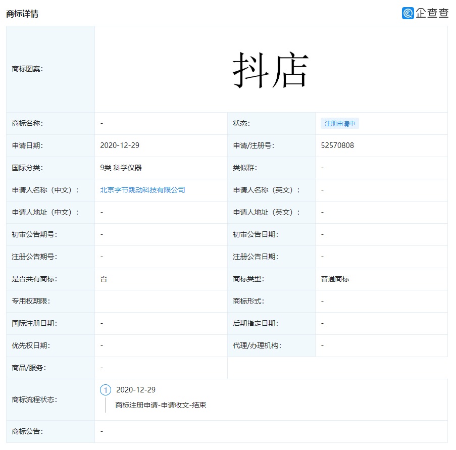 字節(jié)跳動申請 “抖店”相關(guān)商標(biāo)