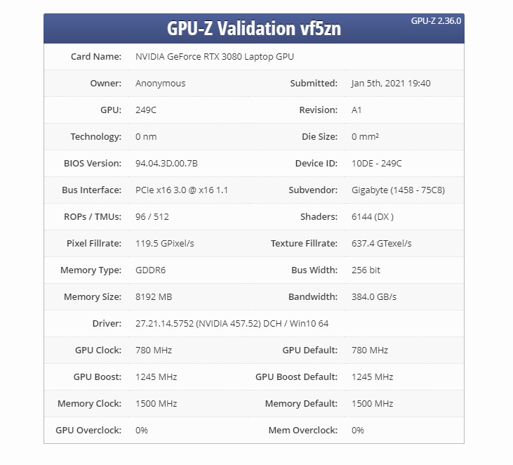 英偉達(dá) RTX 3080 Max-Q 曝光：頻率降至 1245 MHz，8GB 顯存