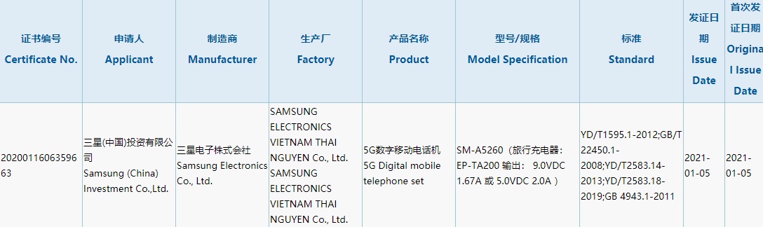 三星主力中端機(jī) Galaxy A52 5G 國行版入網(wǎng):配備 15W 充電器