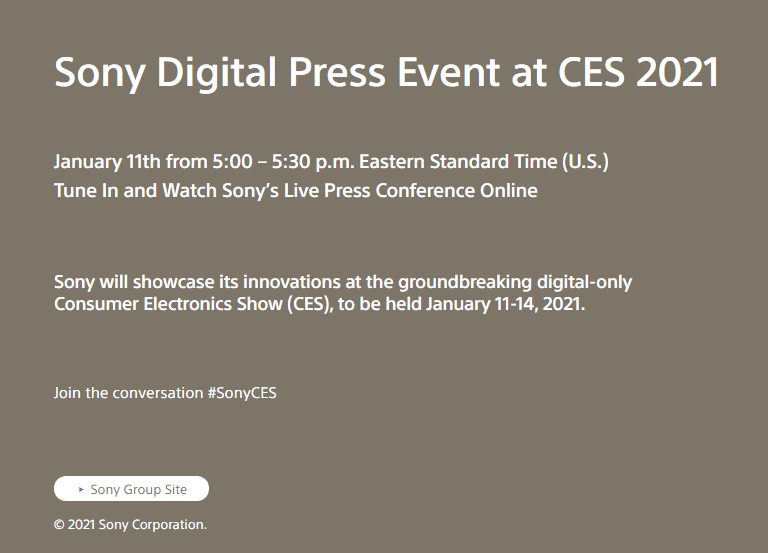 索尼正式公開 CES 2021 在線發(fā)布平臺 Sony Square，線上發(fā)布會 1 月 12 日早晨舉辦