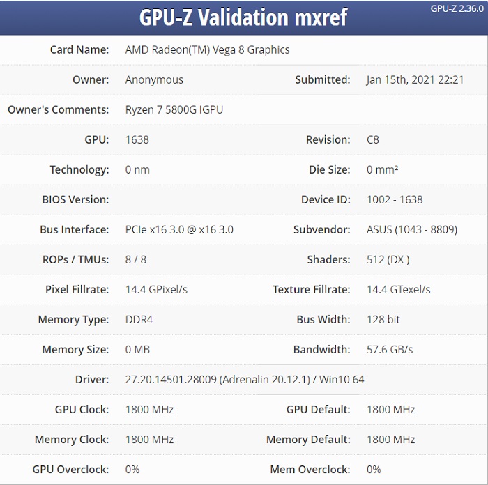 AMD 銳龍 7-5800G APU 曝光：八核 Zen 3 架構，增強型 Vega 核顯