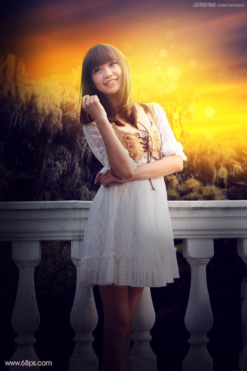 PS給外景可愛美女照片添加夕陽美景