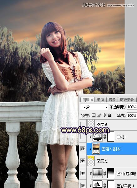 PS給外景可愛美女照片添加夕陽美景