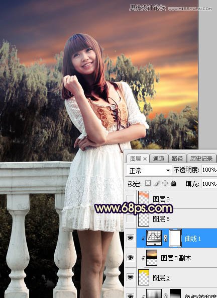 PS給外景可愛美女照片添加夕陽美景