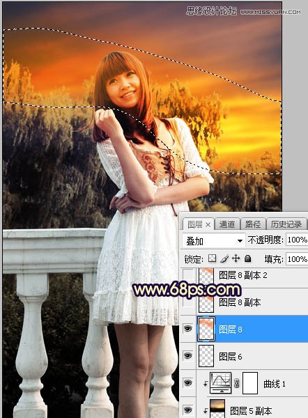 PS給外景可愛美女照片添加夕陽美景