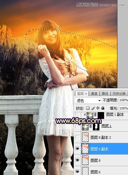 PS給外景可愛美女照片添加夕陽美景