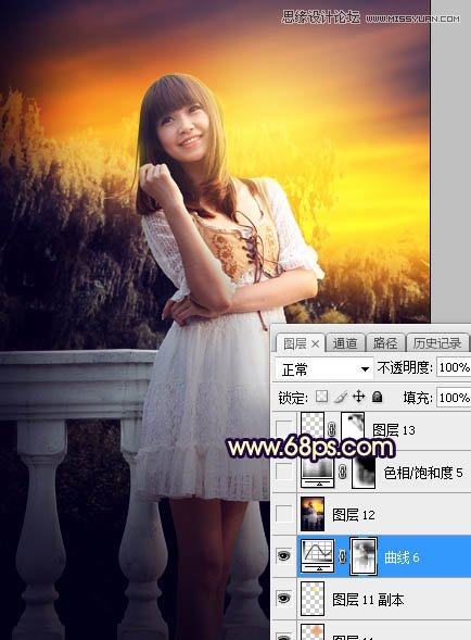 PS給外景可愛美女照片添加夕陽美景
