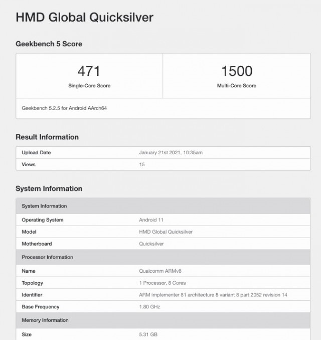 諾基亞新機現(xiàn)身 Geekbench，代號 “Quiksilver”
