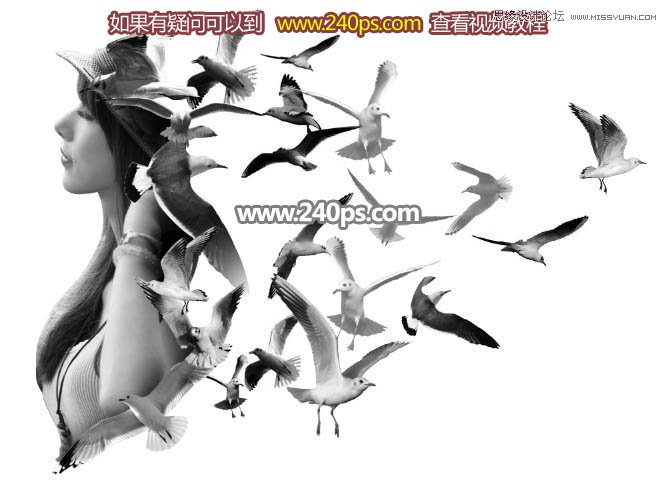 PS制作美女人像被鳥群打散特效