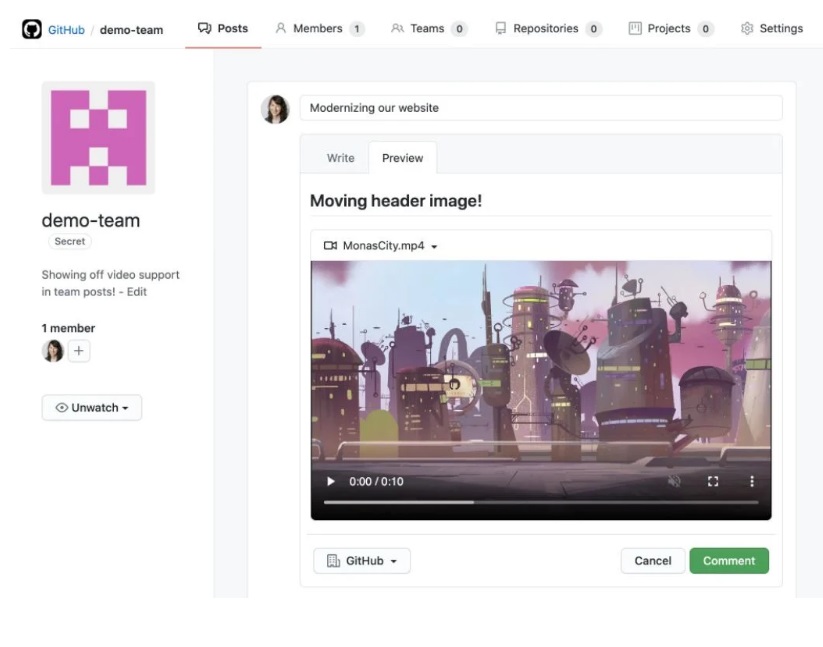 微軟 GitHub 評(píng)論和 gists 測(cè)試上傳視頻:大小不超過 100MB