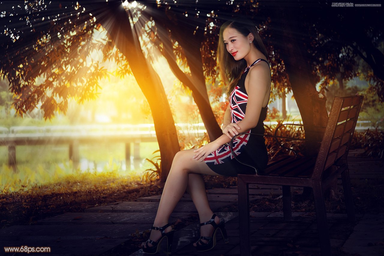 PS給公園靠椅美女添加夕陽光效效果