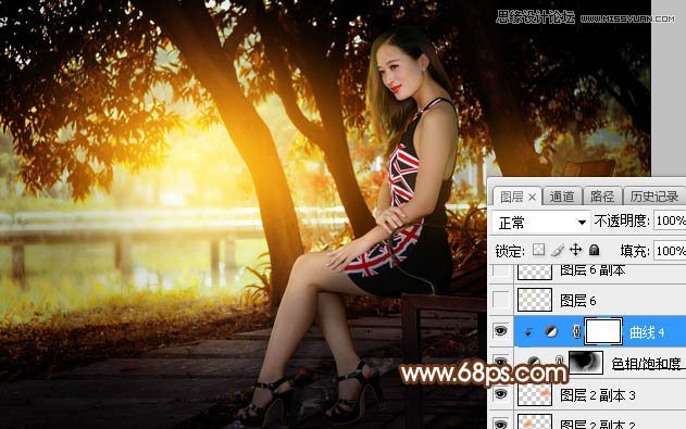 PS給公園靠椅美女添加夕陽光效效果