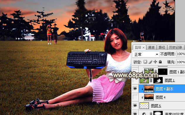 PS給草地女孩添加夕陽光效效果
