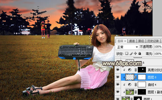 PS給草地女孩添加夕陽光效效果