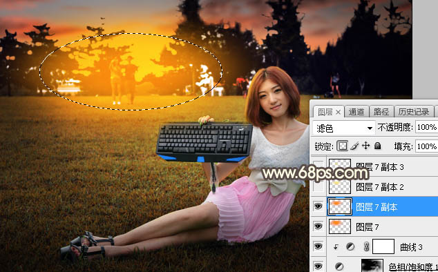 PS給草地女孩添加夕陽光效效果