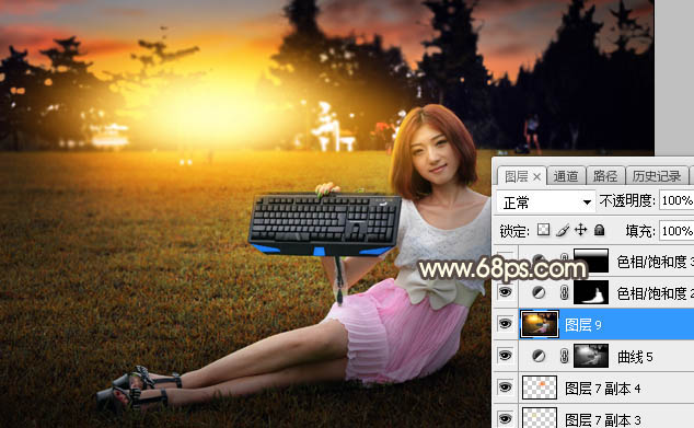 PS給草地女孩添加夕陽光效效果