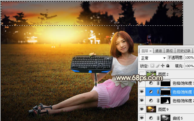 PS給草地女孩添加夕陽光效效果