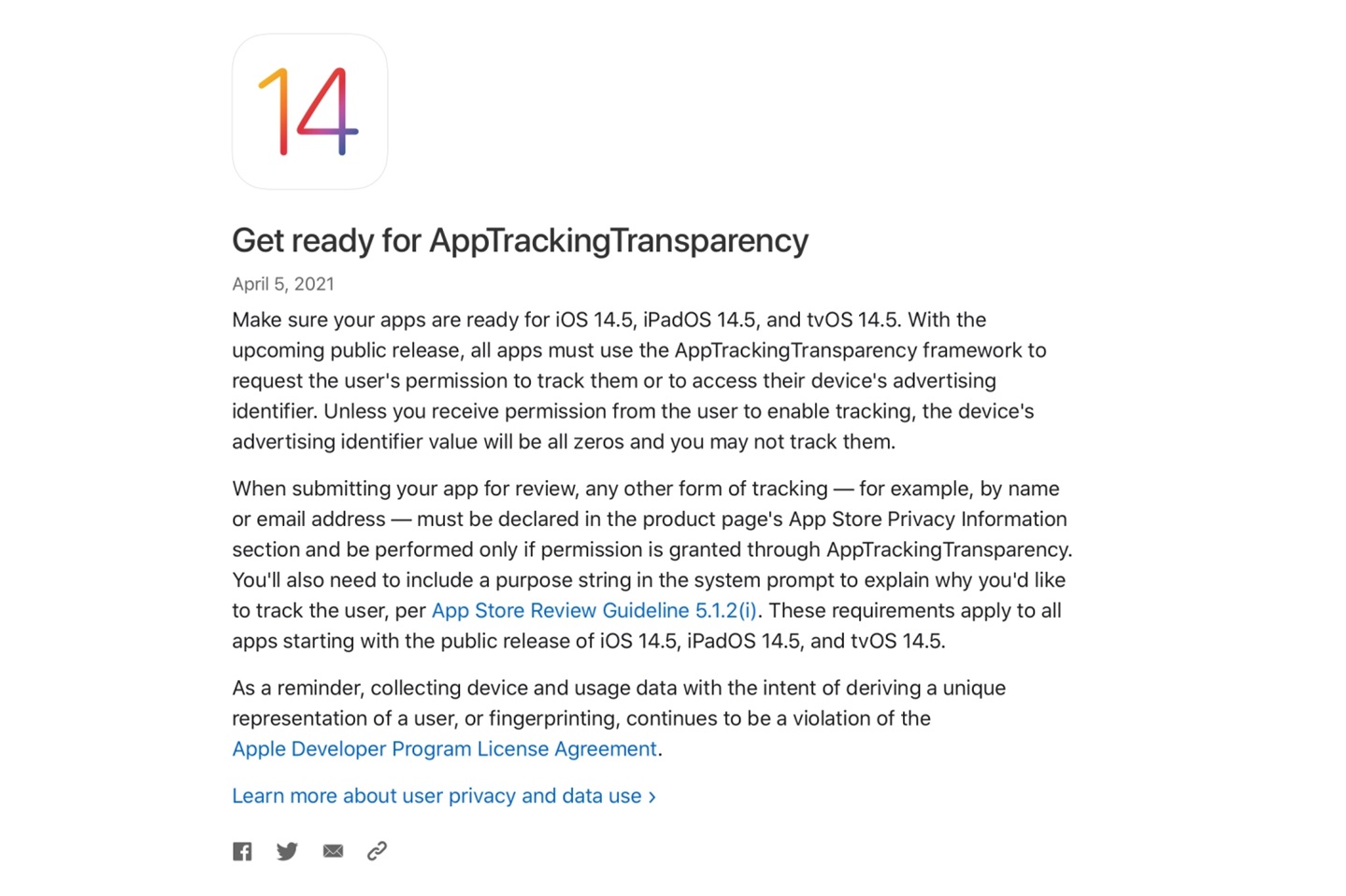 蘋(píng)果提醒開(kāi)發(fā)人員在 iOS 14.5 發(fā)布之前為應(yīng)用跟蹤透明度做好準(zhǔn)備