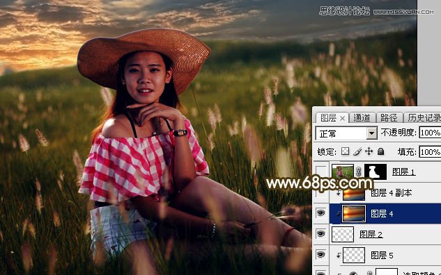 用PS軟件為草叢人像添加唯美的落日美景