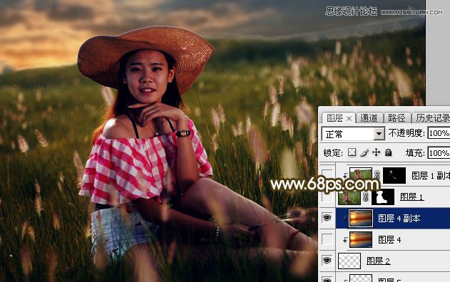 用PS軟件為草叢人像添加唯美的落日美景