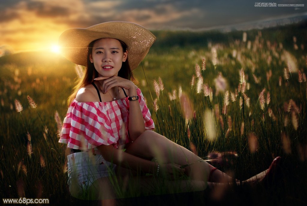 用PS軟件為草叢人像添加唯美的落日美景