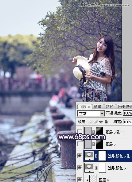 PS調(diào)出河道邊女孩唯美紫色藝術(shù)效果