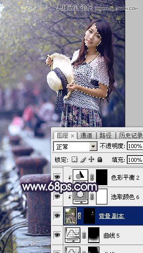 PS調(diào)出河道邊女孩唯美紫色藝術(shù)效果