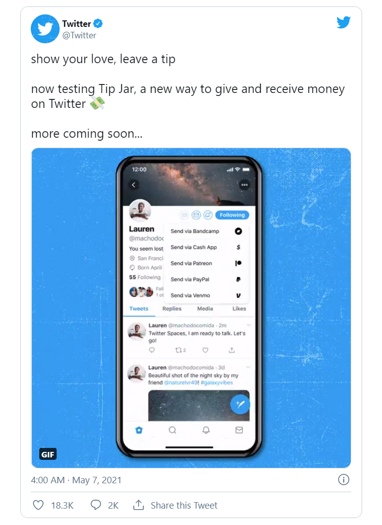 Twitter 在海外推出打賞功能，可將賬號與 PayPal/Venmo 免費打通