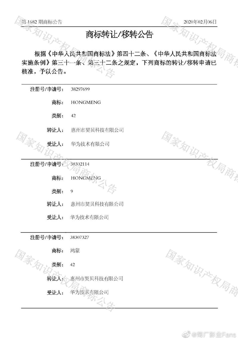 消息稱華為獲得“鴻蒙”商標(biāo)轉(zhuǎn)讓